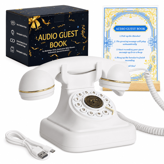 Audio Guest Book Phone for Weddings & Parties, Vintage Voicemail Recorder with Custom Greeting, Rechargeable Guestbook Telephone with Gift Box, USB-C Cable & Instruction Card, White
