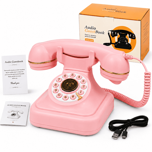 Audio Guest Book Wedding Phone, Vintage Voice Message Recorder for Weddings, Bridal Showers & Parties, Pink