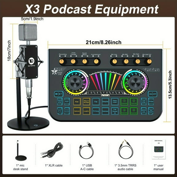 Audio Interface Mixer with Vocal Effects, Condenser Mic Kit & Adjustable Stand - Ideal for Studio Recording, Streaming, Podcasting - Perfect Gift for Creators
