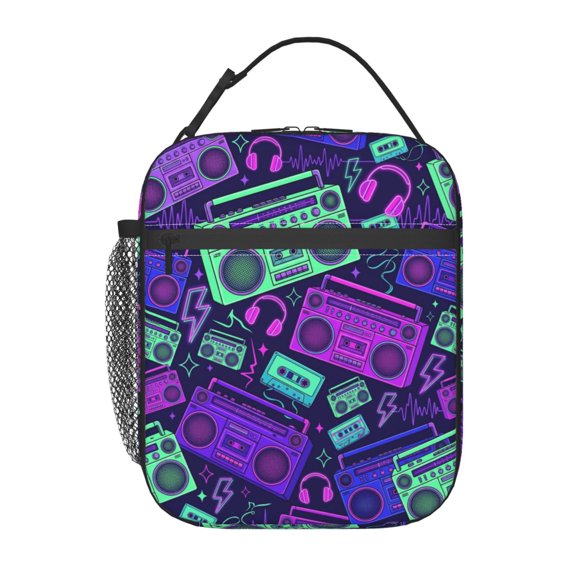 Audio Lunch Bag Music Note Print Handheld Portable Reusable Cooler Tote Front Pocket Work Office Commute Daily Food Container Travel Bag