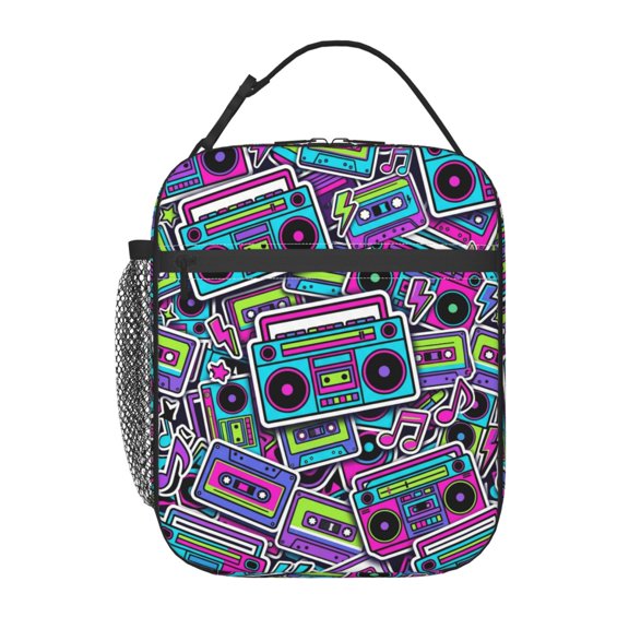 Audio Lunch Bag Music Note Print Handheld Portable Reusable Cooler Tote Front Pocket Work Office Commute Daily Food Container Travel Bag
