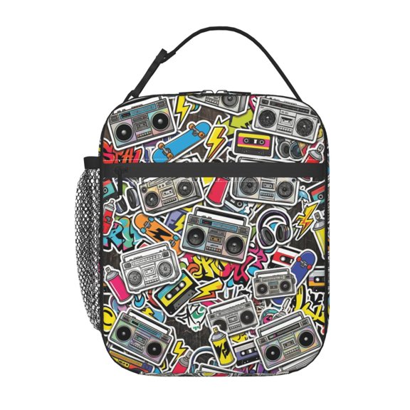 Audio Lunch Bag Music Note Print Handheld Portable Reusable Cooler Tote Front Pocket Work Office Commute Daily Food Container Travel Bag