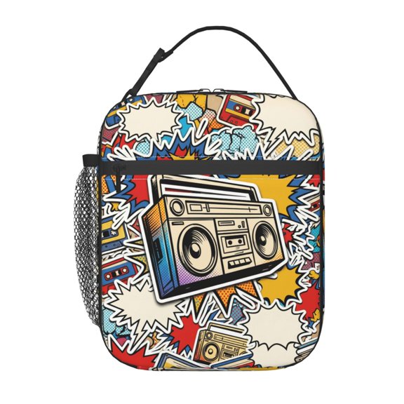 Audio Lunch Bag Music Note Print Handheld Portable Reusable Cooler Tote Front Pocket Work Office Commute Daily Food Container Travel Bag