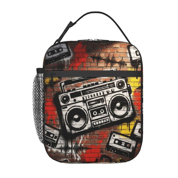 Audio Lunch Bag Music Note Print Handheld Portable Reusable Cooler Tote Front Pocket Work Office Commute Daily Food Container Travel Bag