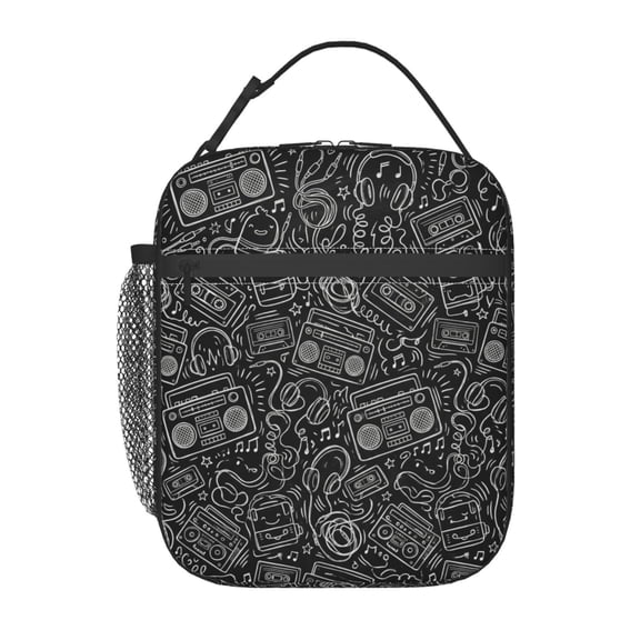 Audio Lunch Bag Music Note Print Handheld Portable Reusable Cooler Tote Front Pocket Work Office Commute Daily Food Container Travel Bag