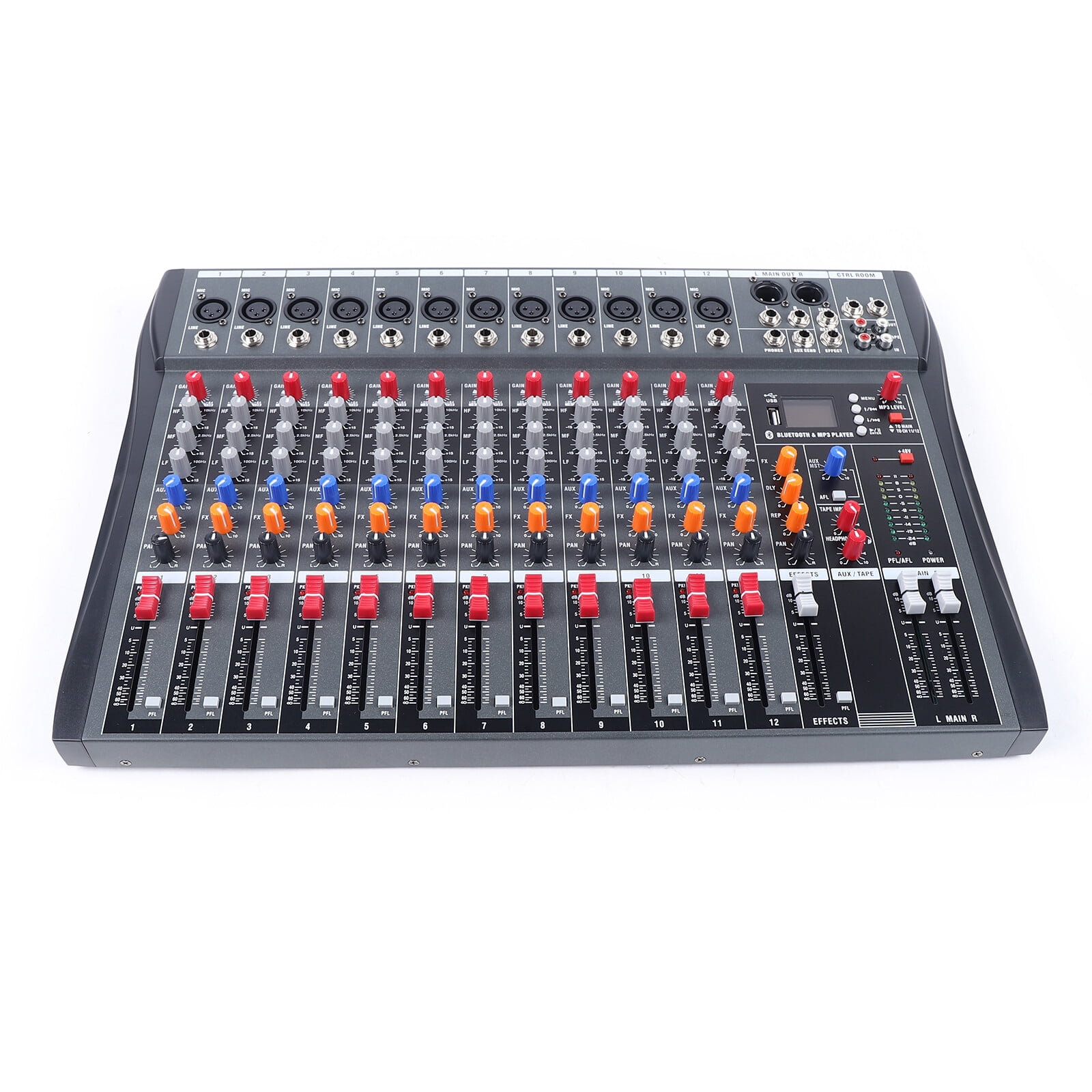 Audio Mixer, 12 Channel Mixing Console 110V, Bluetooth Audio Mixer with 3-Band EQ, Compatible with Mic, Instrument, Speaker, for Band, DJ, Event, Easy to Use