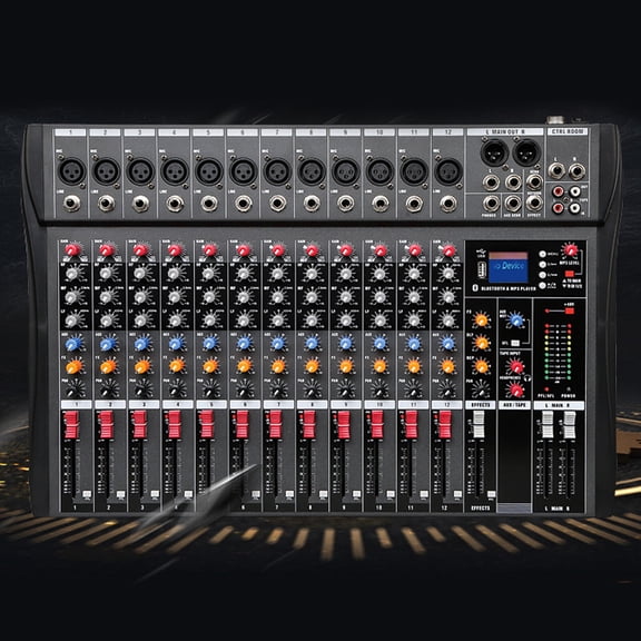 Audio Mixer, 12 Channel Mixing Console 110V, Bluetooth Audio Mixer with 3-Band EQ, Compatible with Mic, Instrument, Speaker, for Band, DJ, Event, Easy to Use