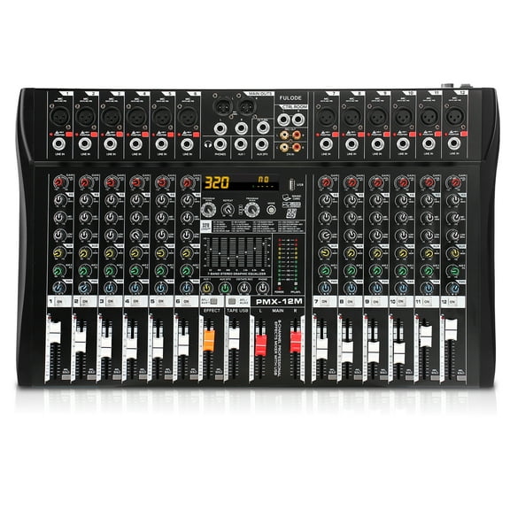 Audio Mixer 12 Channel Professional Mixer Console with 320 DSP Effects, 7-band EQ Sound Mixing Board Digital DJ Mixer w/USB Bluetooth MP3 for Recording, Independent 48V Power & Mute Button