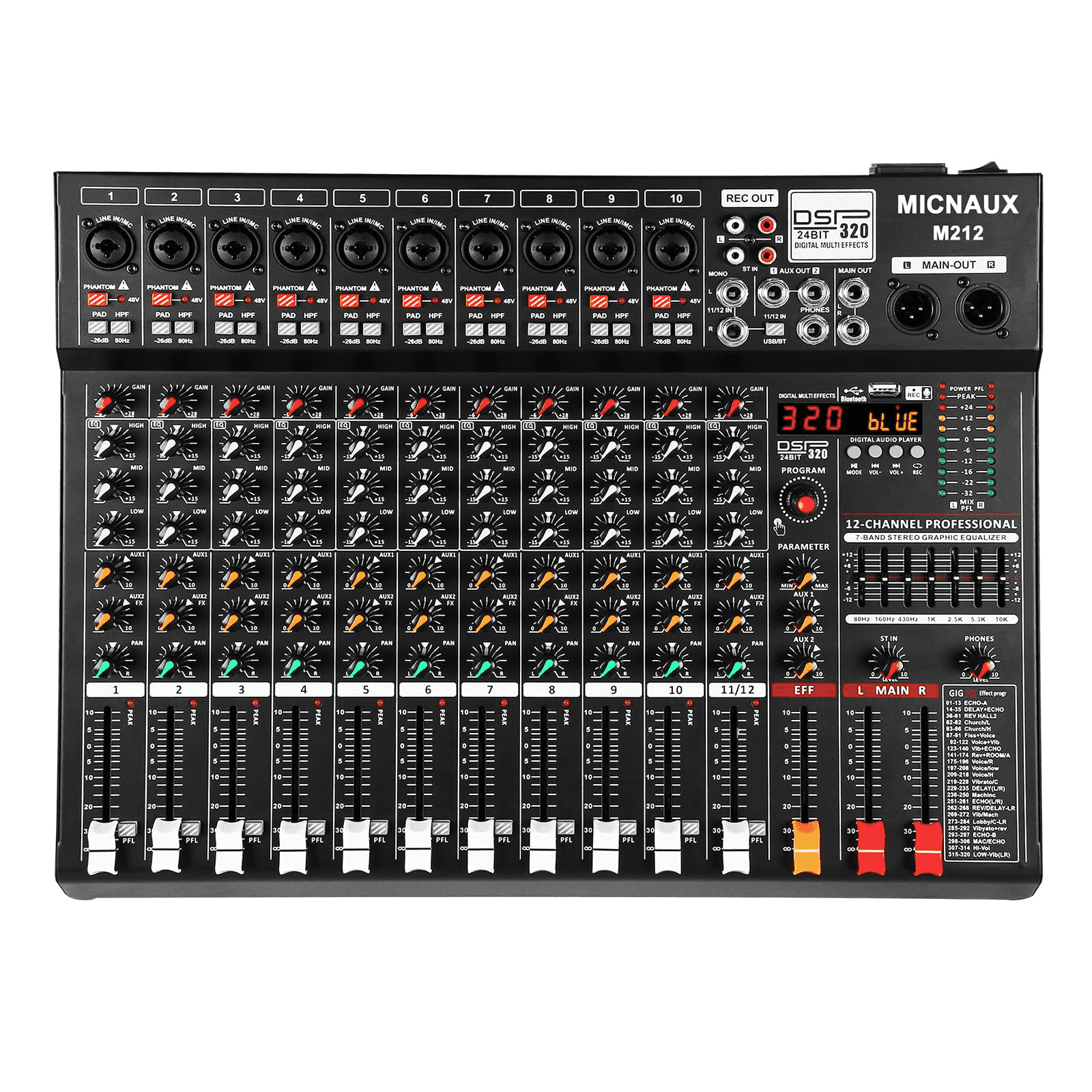 Audio Mixer 12 Channel Professional Sound Console Music Mixer with 320 DSP Effects, 7-band EQ DJ Mixing Board w/USB, Bluetooth, 48V Power Supply, PAD Button for Recording Karaoke PA Drum Live