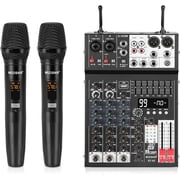 Audio Mixer 4 Channel with Dual Microphones, Pro 99DSP Sound Music Console DJ Mixing Board with 7-band EQ, Bluetooth, 48V Phantom Power & PAD Function for Recording PA Live Live Streaming