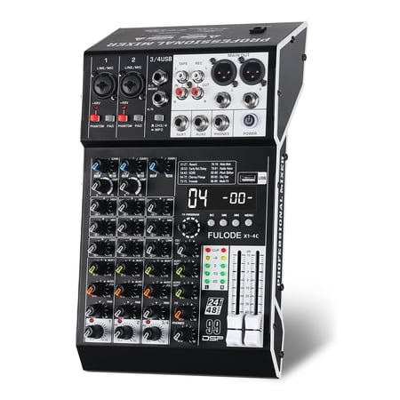 Audio Mixer 4 Channel Professional Sound Mixer Console with 99 DSP Effects, Small Mixing Board DJ Mixer w/USB, Bluetooth, 48V Power Supply, PAD Button for Recording Karaoke PA Drum Live Music