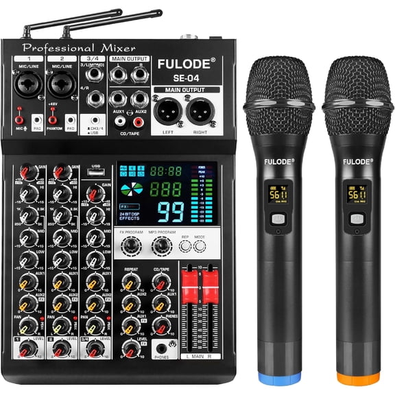 Audio Mixer, 4 Channel Sound Mixing Board With Dual Wireless Microphone & 99DSP, Professional DJ Console W/ MP3 Bluetooth 48V Phantom Power PAD USB Interface for Recording Home Karaoke Live Streaming