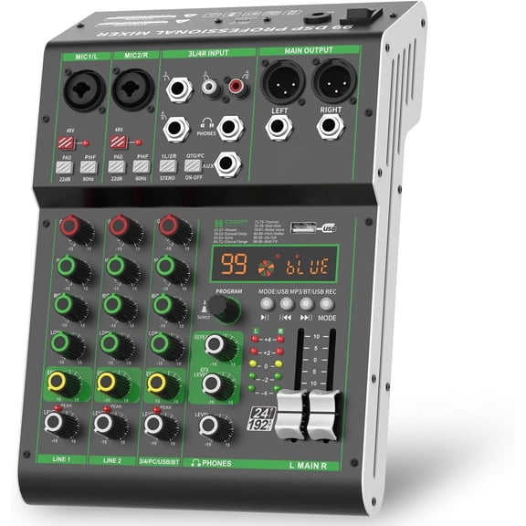 Audio Mixer, 4 Mixer with and USB Recording | DJ Mixing Console with 99 DSP Effects, 48V Phantom Power, PC Recording Mixer for Karaoke, Studio, Podcast and Live Streaming