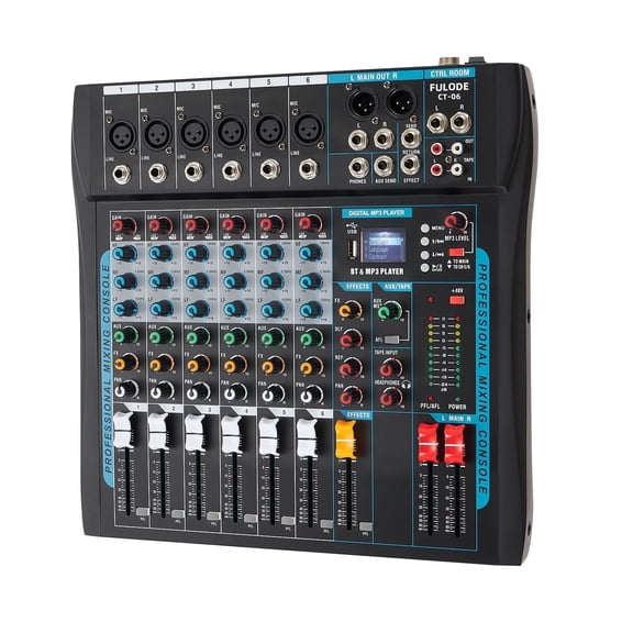 Audio Mixer,6 Channel Board Mixer for Streaming, Professional Sounds Board Mixer with 16 DSP Effect, USB Audio Interface and 48V Phantom Power, Stereo DJ Mixers for PC Recording/DJ stage