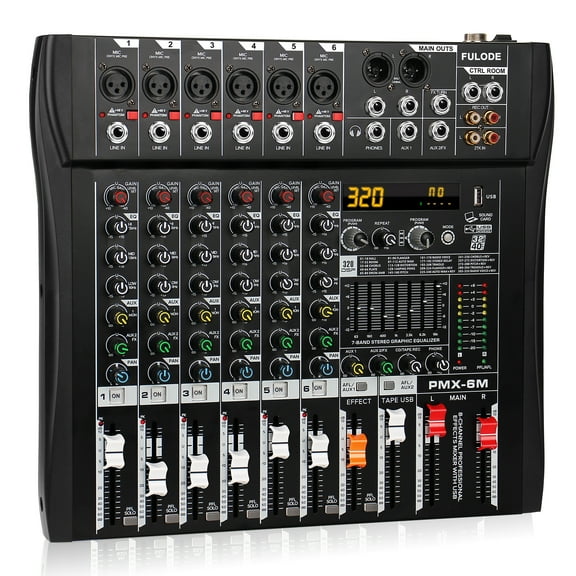 Audio Mixer 6 Channel Professional Mixer Console with 320 DSP Effects, 7-band EQ Sound Mixing Board Digital DJ Mixer w/USB Bluetooth MP3 for Recording, Independent 48V Power & Mute Button