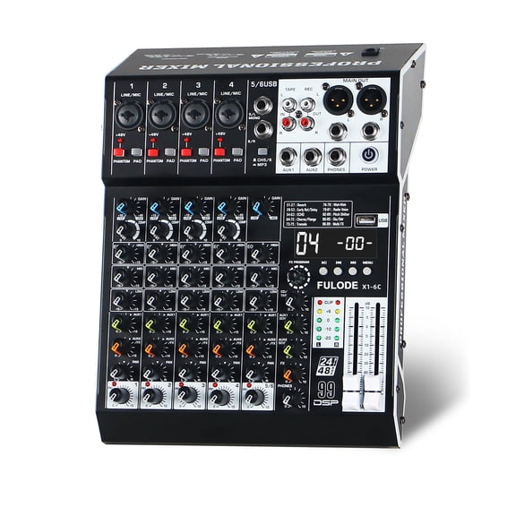 Audio Mixer 6 Channel Professional Sound Mixer Console with 99 DSP Effects, Mixing Board DJ Mixer w/USB, Bluetooth, 48V Power Supply, PAD Button for Recording Karaoke PA Drum Live Music