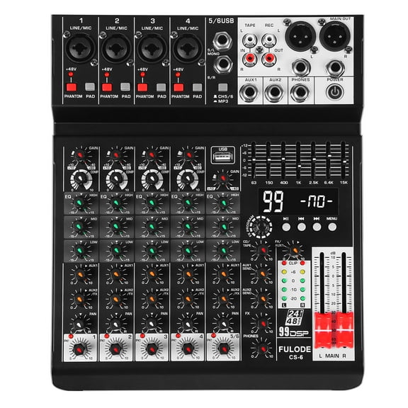 Audio Mixer 6 Channel Sound Mixer Console, Professional Music Mixing Board DJ Mixer w/ 99 DSP, 7-band EQ, USB, Bluetooth, 48V Phantom Power & PAD Function for Recording PA Live Live Streaming