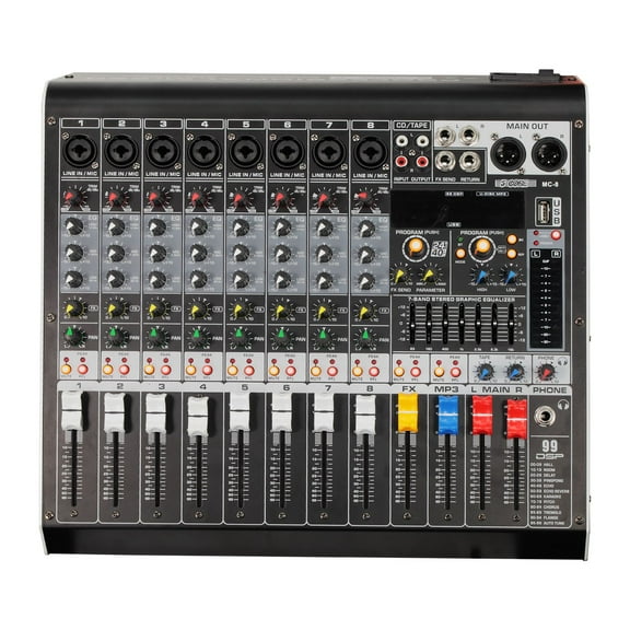 Audio Mixer 8 Channel DJ Sound Board w Bluetooth USB PC Recording Professional PA Analog Mixing Console For Karaoke Singing Music Podcast Consola De Audio - MX 8CH L