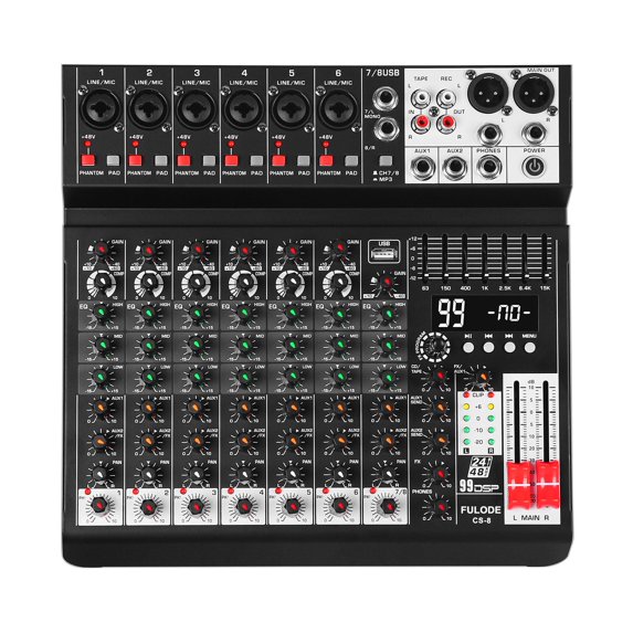 Audio Mixer 8 Channel Sound Mixer Console, Professional Music Mixing Board DJ Mixer w/ 99 DSP, 7-band EQ, USB, Bluetooth, 48V Phantom Power & PAD Function for Recording PA Live Live Streaming