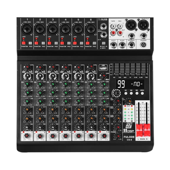 Audio Mixer 8 Channel Sound Mixer Console, Professional Music Mixing Board DJ Mixer w/ 99 DSP, 7-band EQ, USB, Bluetooth, 48V Phantom Power & PAD Function for Recording PA Live Live Streaming