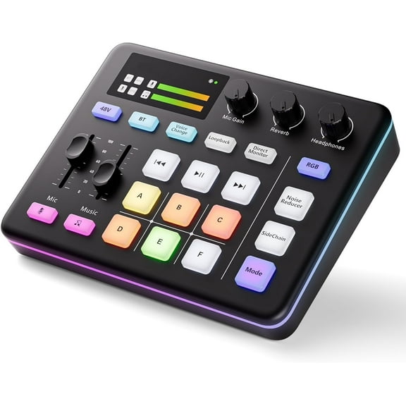 Audio Mixer, Live Sound Card, Voice Changer Kit with RGB Audio Interface,Pro-preamp, Bluetooth Streaming PC Mixer with XLR/48V Phantom Power for Live Streaming,Podcasting,Content Create,Gaming(Black)