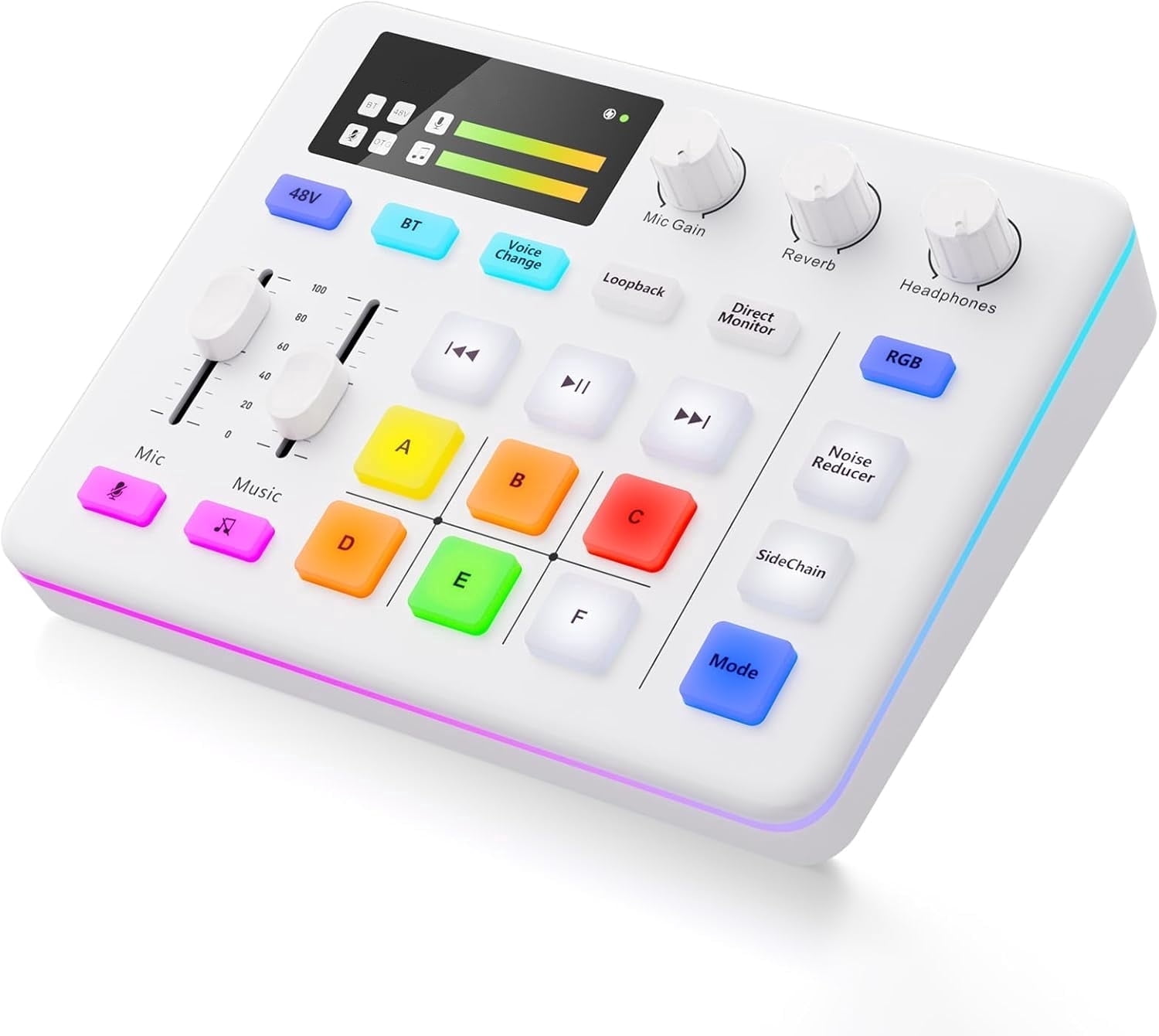 Audio Mixer, Live Sound Card, Voice Changer Kit with RGB Audio Interface,Pro-preamp, Bluetooth Streaming PC Mixer with XLR/48V Phantom Power for Live Streaming,Podcasting,Content Create,Gaming(White)