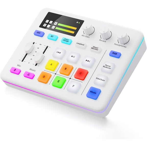 Audio Mixer, Live Sound Card, Voice Changer Kit with RGB Audio Interface,Pro-preamp, Bluetooth Streaming PC Mixer with XLR/48V Phantom Power for Live Streaming,Podcasting,Content Create,Gaming(White)