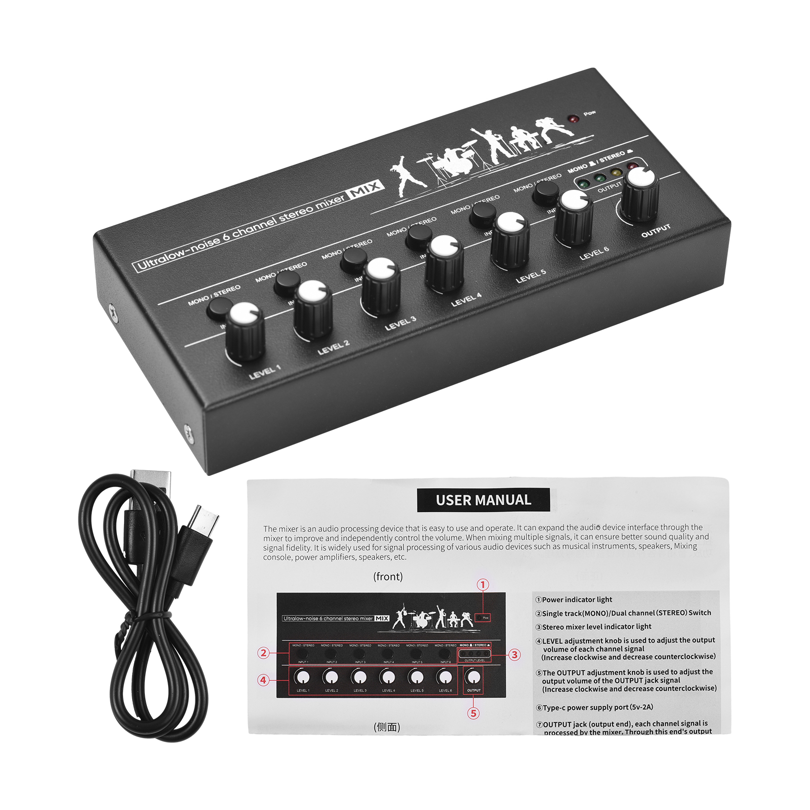 Audio Mixer,Shell Usb Type-c Mono/6.5 Dual Channels Stereo Line 6-channel Audio Stereo 6.35mm Mono/6.5 Dual Usb Type-c Metal Shell Usb Buzhi Channels Mer D Keyboa 6.35mm Rusuo