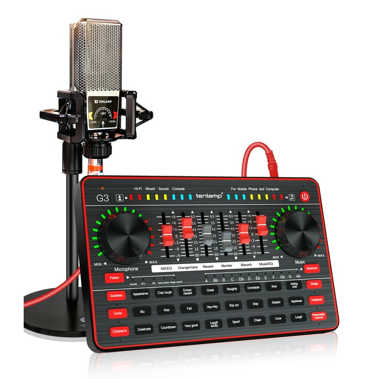 Audio Mixer with Sound Card, tenlamp Portable Podcast Equipment Bundle with  XLR to 3.5mm Studio Microphone, Audio interface Sound Board Voice Changer