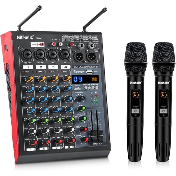 Audio Mixer with Wireless Microphones, 4 Channel Karaoke Sound Music Mixer | DJ Mixing Board Console with Dual Mics, USB Interface, Bluetooth, 48V Phantom Power for Recording PA Live Streaming