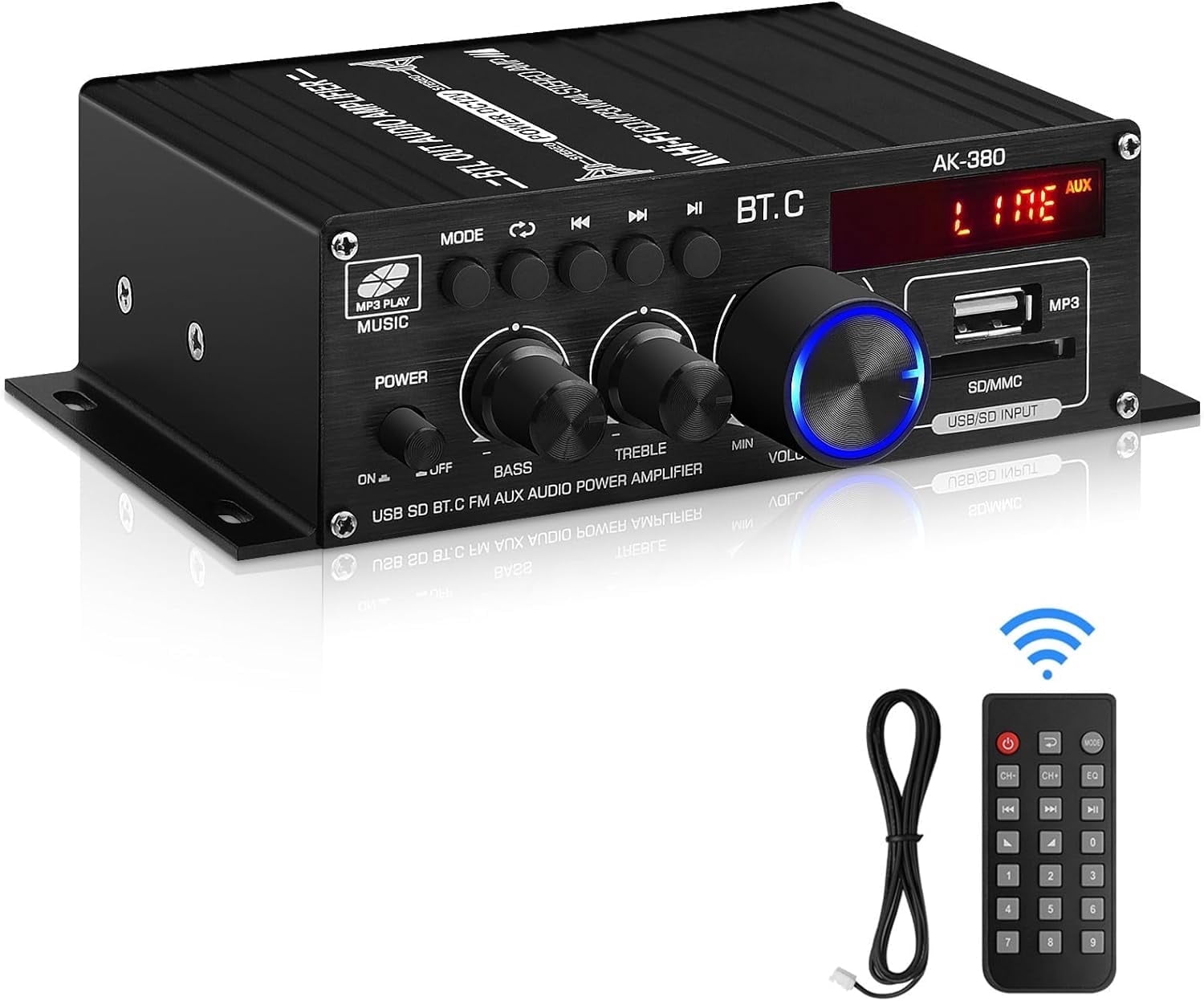 Audio Power Amplifier,Home Stereo Amplifier Receiver,Hifi Stereo AMP Speaker Bluetooth 5.0 Amp Receiver with 12V 5A Power Supply,Remote Control,FM Antenna for Car Home Bar Party