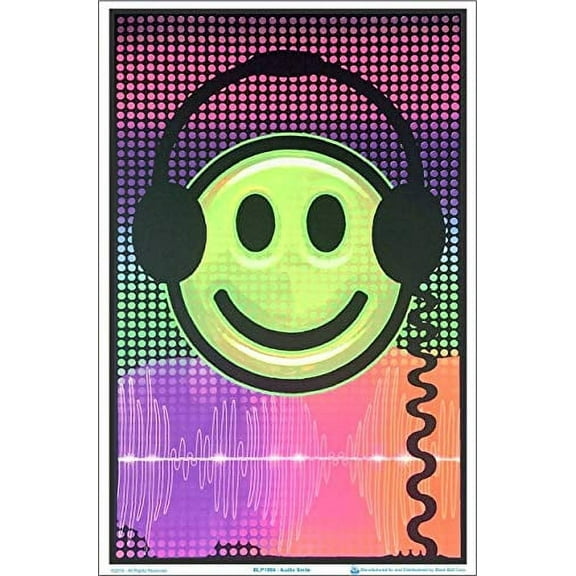 Audio Smile Smiley Face with Headphones Laminated Blacklight Poster - 23.5" x 35.5"