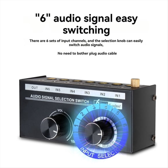 Audio Switcher Selector 6 In 1 Out Audio Signal Selection Switch Sound Channel Selector Stereo with Volume Control