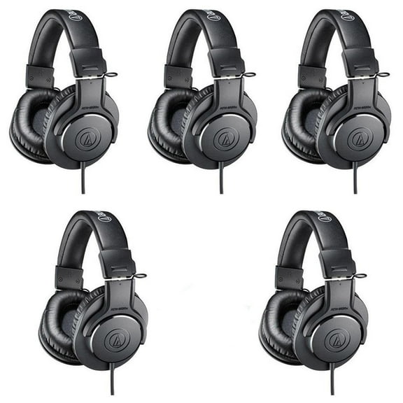 Audio-Technica 5 Pack ATH-M20x Professional Monitor Headphones, 96dB, 15-20kHz, Black - With Microfiber Cloth