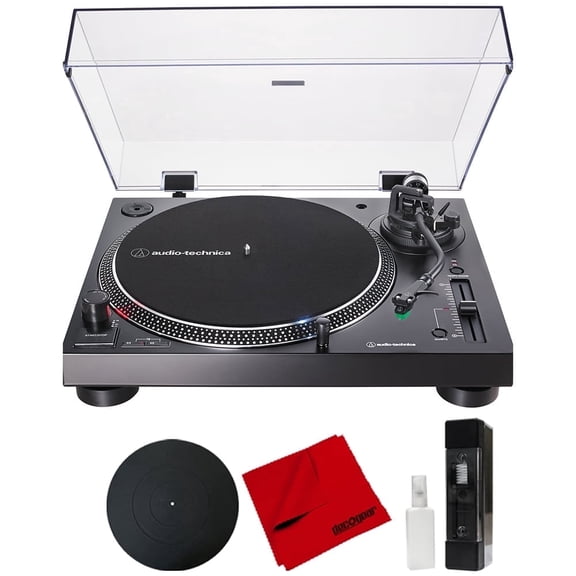 Audio-Technica AT-LP120XUSB-BK Direct-Drive Turntable Analog & USB Black Bundle with Deco Gear 12 inch Rubber Platter Mat, Deco Essentials Cleaning Fluid System and Cleaning Cloth