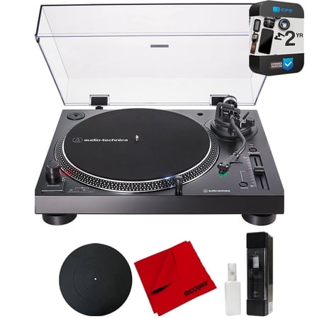 Audio-Technica AT-LP120XUSB-BK Direct-Drive Turntable Analog & USB Black Bundle with Rubber Platter Mat, Cleaning Fluid System, Cleaning Cloth and 2 YR CPS Enhanced Protection Pack