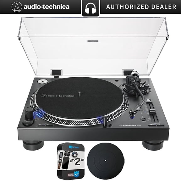 Audio-Technica AT-LP140XP Direct-Drive Professional DJ Turntable - (Black) Bundle with Deco Gear Universal 12" Silicone Rubber Turntable Platter Mat + 2 Year Enhanced Protection Pack