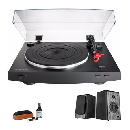 Audio-Technica AT-LP3BK Stereo Turntable with Powered Bookshelf Monitors and Record Care Bundle