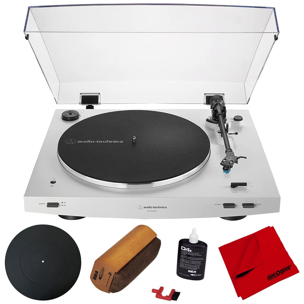 Audio Technica AT-LP3XBT-WH Fully Automatic Wireless Belt-drive Turntable,  White Bundle with Deco Gear 12 Turntable Platter Mat, Vinyl Record  Cleaning Fluid System with Brush & Microfiber Cloth 