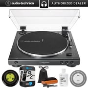 Audio-Technica AT-LP60X-BK Fully Automatic Belt-Drive Stereo Turntable 33-1/3 & 45 RPM Black Bundle w/ 2 Year Extended Protection Pack + Vinyl Care Pack Stroboscope, Stabilizer + Care Solution