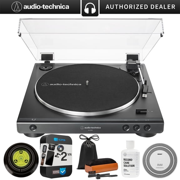 Audio-Technica AT-LP60X-BK Fully Automatic Belt-Drive Stereo Turntable 33-1/3 & 45 RPM Black Bundle w/ 2 Year Extended Protection Pack + Vinyl Care Pack: Stroboscope, Stabilizer + Care Solution