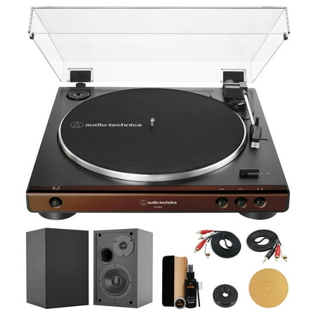 Audio-Technica AT-LP60X-BW Fully Automatic Belt-Drive Stereo Turntable (Brown & Black) with 4 Inch Bookshelf Speakers (Pair), Waith Record Cleaning Kit and Cork Turntable Platter Mat (Bundle Set)