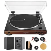 Audio-Technica AT-LP60X-BW Fully Automatic Belt-Drive Stereo Turntable Brown & Black with 4 Inch Bookshelf Speakers Pair, Waith Record Cleaning Kit and Cork Turntable Platter Mat Bundle Set