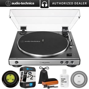 Audio-Technica AT-LP60X-GM Fully Automatic Belt-Drive Turntable 33-1/3 & 45 RPM -Gunmetal/Black Bundle w/ 2 Year Extended Protection Pack + Vinyl Care Pack: Stroboscope, Stabilizer + Care Solution