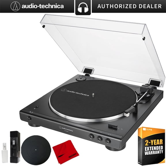 Audio-Technica AT-LP60XBT-BK Fully Automatic Belt-Drive BT Stereo Turntable Bundle w/ Deco Gear 12" Silicone Rubber Platter Mat + Vinyl Record Cleaning Fluid System + 2YR Enhanced Protection Pack