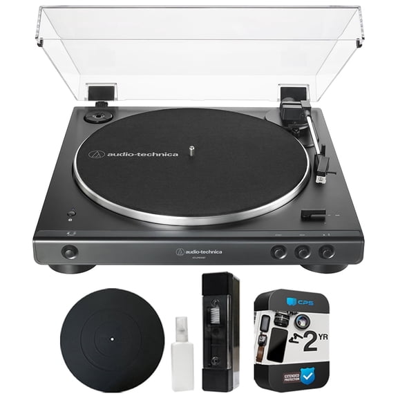Audio-Technica AT-LP60XBT-BK Fully Automatic Belt-Drive Bluetooth Stereo Turntable Black Bundle with 12 inch Rubber Turntable Mat, Vinyl Record Cleaning System and 2 YR CPS Enhanced Protection Pack