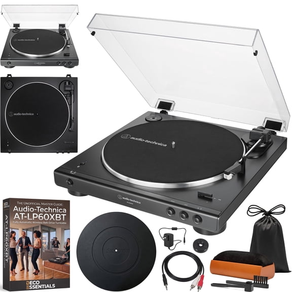 Audio-Technica AT-LP60XBT-BK Fully Automatic Belt-Drive Bluetooth Stereo Turntable, Black Bundle with Deco Gear Master Guide, Vinyl Record Cleaning Kit, 12" Silicone Rubber Platter Mat