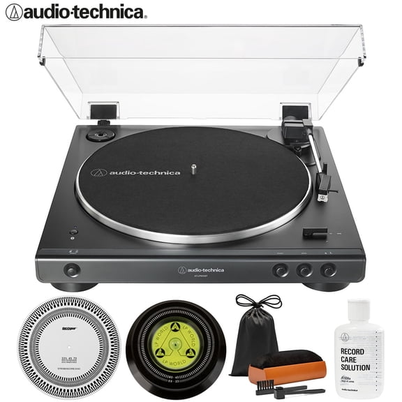 Audio-Technica AT-LP60XBT-BK Fully Automatic Belt-Drive Bluetooth Stereo Turntable, Black Bundle with Record Care Solution, Deco Gear Cleaning Kit, Stroboscope and Record Stabilizer