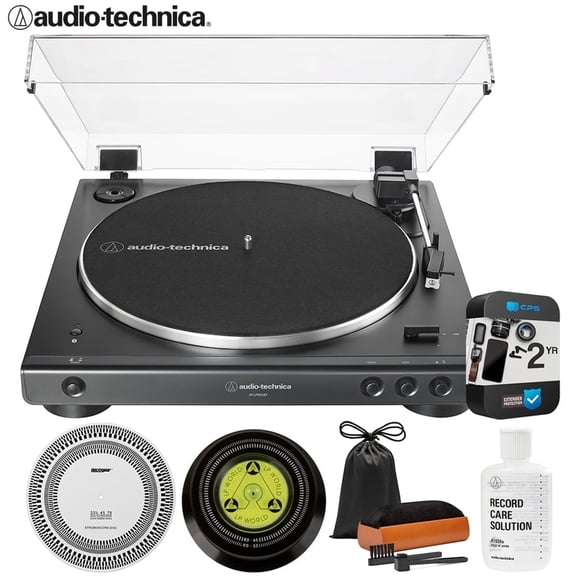 Audio-Technica AT-LP60XBT-BK Fully Automatic Belt-Drive Bluetooth Turntable, Black Bundle with 2 YR CPS Extended Warranty, Record Care Solution, Cleaning Kit, Stroboscope and Record Stabilizer