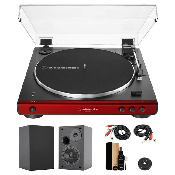 Audio-Technica AT-LP60XBT Fully Automatic Bluetooth Belt-Drive Stereo Turntable (Red & Black) with 45 rpm Adapter, 4 Inch Bookshelf Speakers (Pair) and Waith Record Cleaning Kit (Essential Bundle)